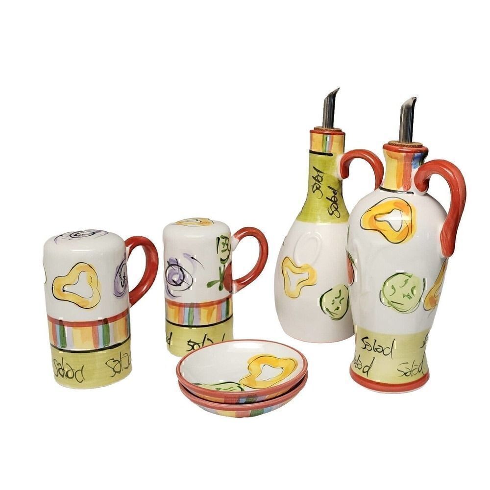 Set Of 6 Kitchen Prep 201 Tabletops Unlimited Oil Vinegar Cruets Salt & Pepper